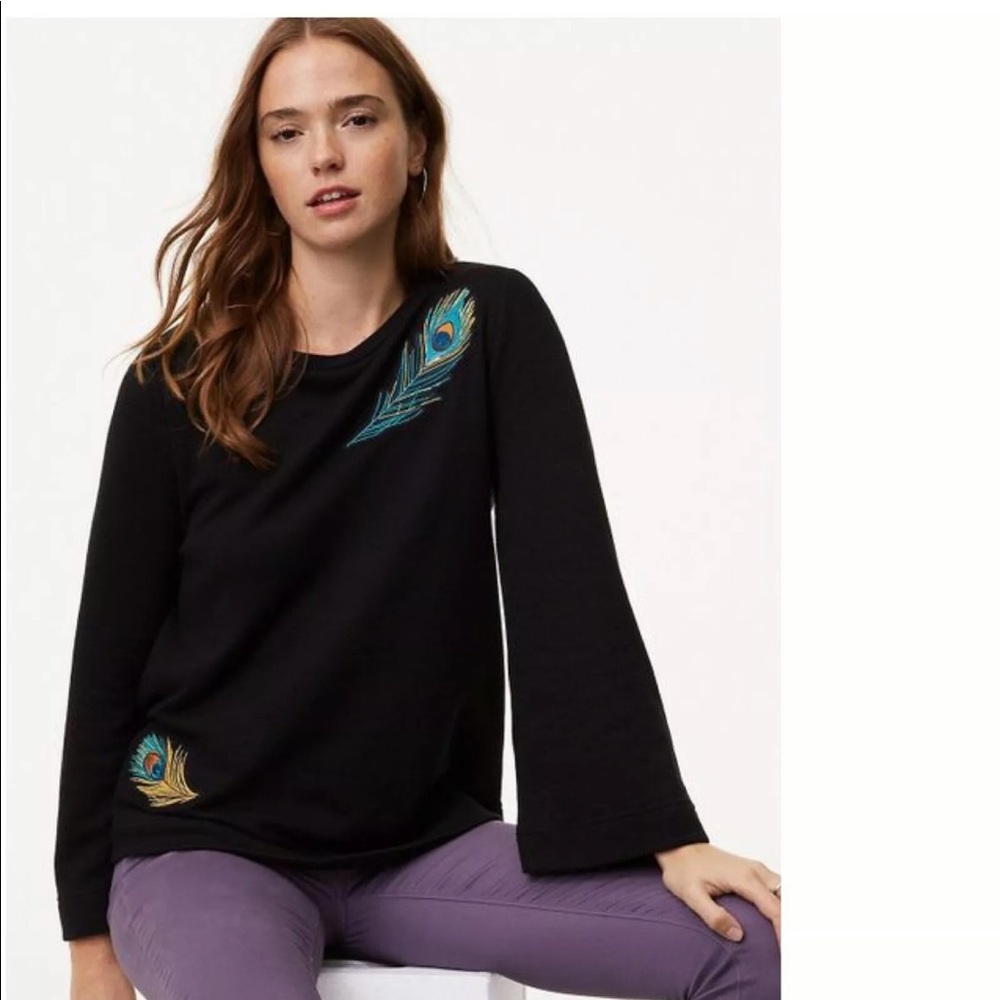 LOFT Sweater Peacock Feather Bell Embroidered